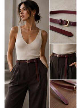 Maison Boinet Paris Burgundy Leather Skinny Belt Gold Buckle France Size 30 Luxu
